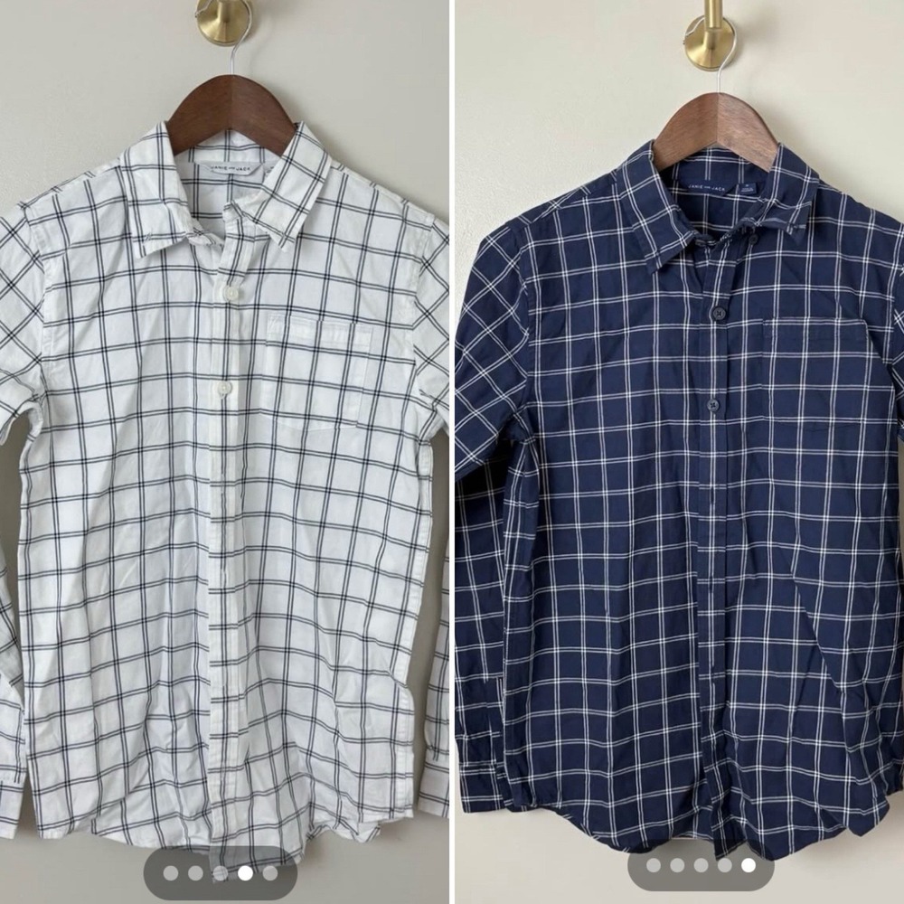 Janie and Jack Boys Button Down Shirt Boys 14 White Blue Plaid Cotton Set Of 2